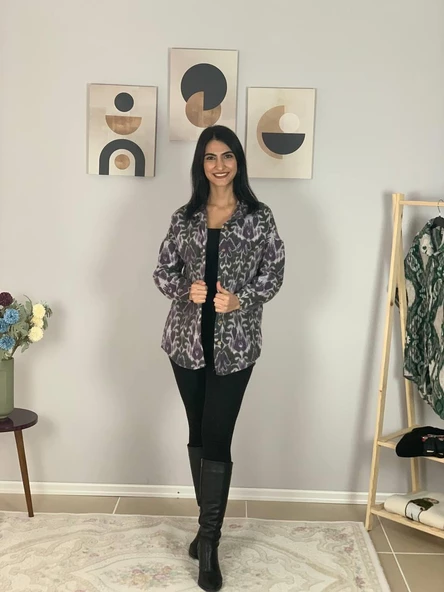 Kadın Tek Cepli Desenli Kalın Oduncu Ceket Gömlek (Eflatun-Haki) - Resim 3