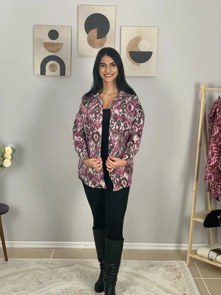 Kadın Tek Cepli Desenli Kalın Oduncu Ceket Gömlek (Fuşya-Füme) - Resim 2