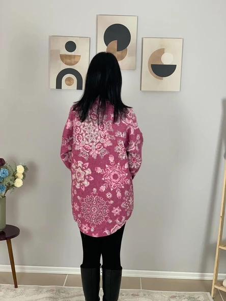 Kadın Tek Cepli Desenli Kalın Oduncu Ceket Gömlek (Pembe) - Resim 5