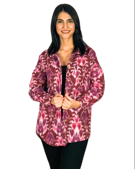 Kadın Tek Cepli Desenli Kalın Oduncu Ceket Gömlek (Fuşya)