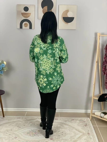 Kadın Tek Cepli Desenli Kalın Oduncu Ceket Gömlek (Yeşil) - Resim 6
