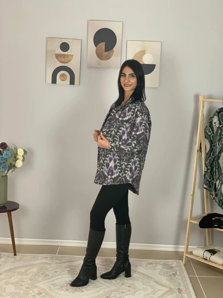 Kadın Tek Cepli Desenli Kalın Oduncu Ceket Gömlek (Eflatun-Haki) - Resim 5