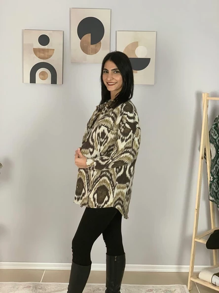 Kadın Tek Cepli Desenli Kalın Oduncu Ceket Gömlek (Hardal-Haki) - Resim 3