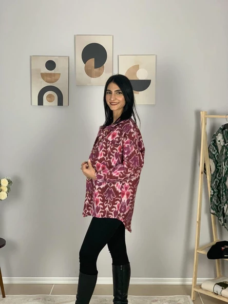 Kadın Tek Cepli Desenli Kalın Oduncu Ceket Gömlek (Fuşya) - 4