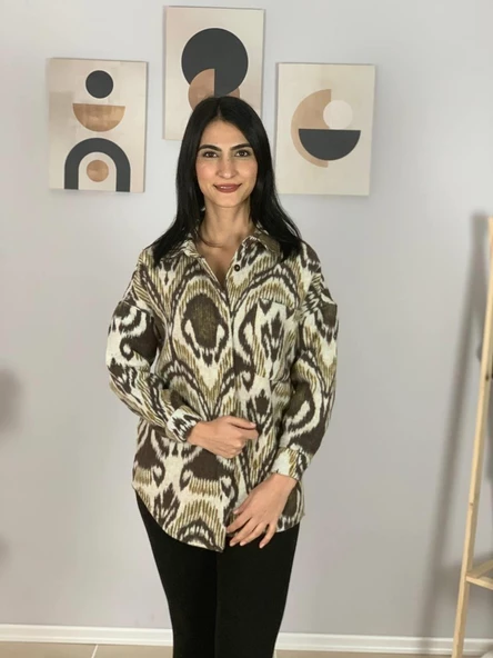 Kadın Tek Cepli Desenli Kalın Oduncu Ceket Gömlek (Hardal-Haki) - Resim 4