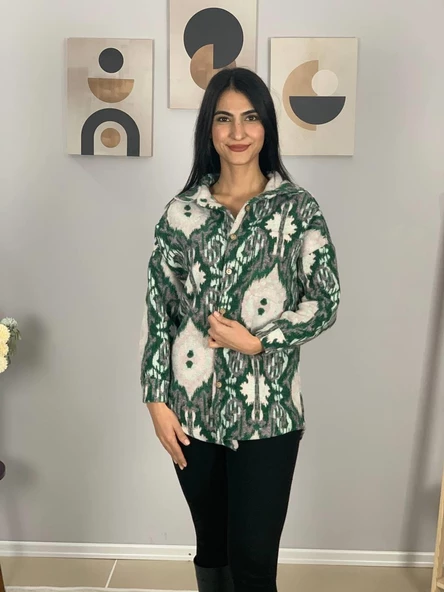 Kadın Tek Cepli Desenli Kalın Oduncu Ceket Gömlek (Yeşil-Beyaz) - Resim 4