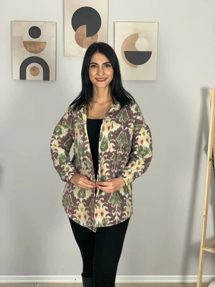 Kadın Tek Cepli Desenli Kalın Oduncu Ceket Gömlek (Mürdüm-Yeşil) - Resim 5