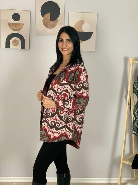 Kadın Tek Cepli Desenli Kalın Oduncu Ceket Gömlek (Kırmızı-Kahve) - Resim 5