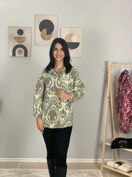 Kadın Tek Cepli Desenli Kalın Oduncu Ceket Gömlek (Haki-Beyaz) - Resim 5