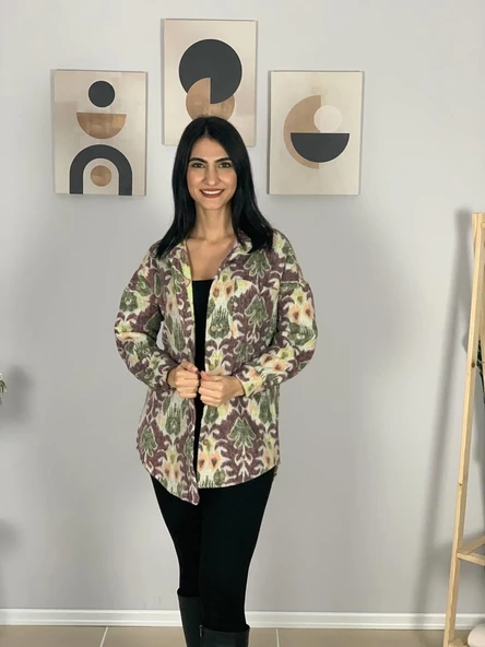 Kadın Tek Cepli Desenli Kalın Oduncu Ceket Gömlek (Mürdüm-Yeşil) - Resim 2