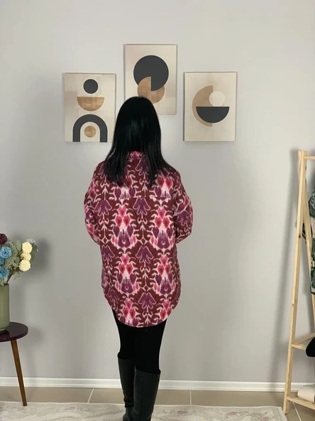 Kadın Tek Cepli Desenli Kalın Oduncu Ceket Gömlek (Fuşya) - 5