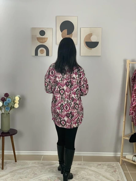 Kadın Tek Cepli Desenli Kalın Oduncu Ceket Gömlek (Fuşya-Füme) - Resim 6
