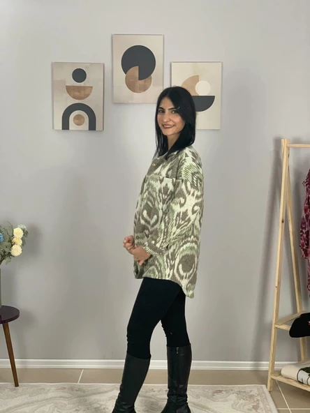 Kadın Tek Cepli Desenli Kalın Oduncu Ceket Gömlek (Haki-Beyaz) - Resim 3