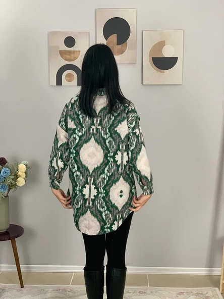Kadın Tek Cepli Desenli Kalın Oduncu Ceket Gömlek (Yeşil-Beyaz) - Resim 6