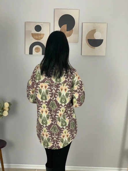 Kadın Tek Cepli Desenli Kalın Oduncu Ceket Gömlek (Mürdüm-Yeşil) - Resim 6