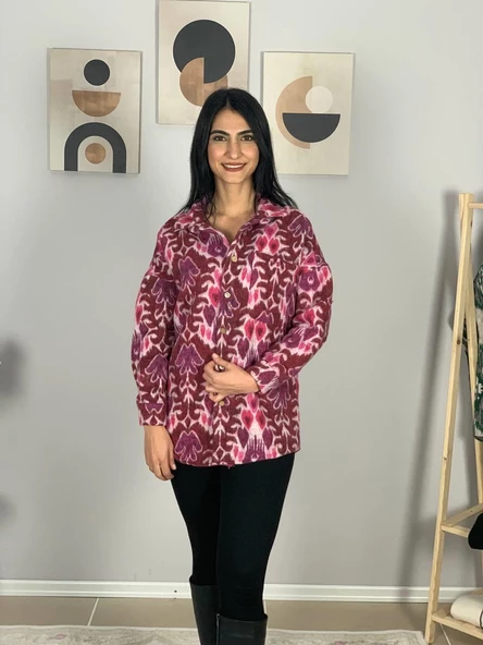 Kadın Tek Cepli Desenli Kalın Oduncu Ceket Gömlek (Fuşya) - 2