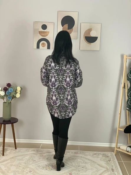 Kadın Tek Cepli Desenli Kalın Oduncu Ceket Gömlek (Eflatun-Haki) - Resim 6