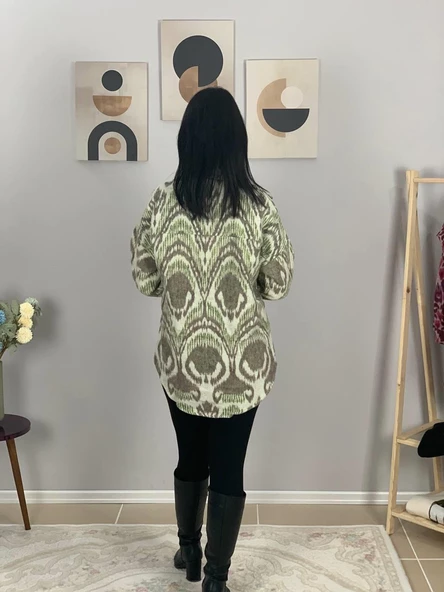 Kadın Tek Cepli Desenli Kalın Oduncu Ceket Gömlek (Haki-Beyaz) - Resim 6