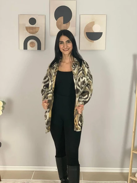 Kadın Tek Cepli Desenli Kalın Oduncu Ceket Gömlek (Hardal-Haki) - Resim 2