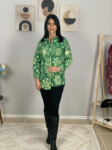 Kadın Tek Cepli Desenli Kalın Oduncu Ceket Gömlek (Yeşil) - Resim 3