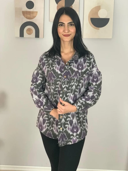 Kadın Tek Cepli Desenli Kalın Oduncu Ceket Gömlek (Eflatun-Haki) - Resim 2