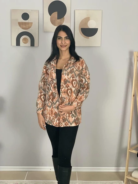 Kadın Tek Cepli Desenli Kalın Oduncu Ceket Gömlek (Turuncu) - Resim 4