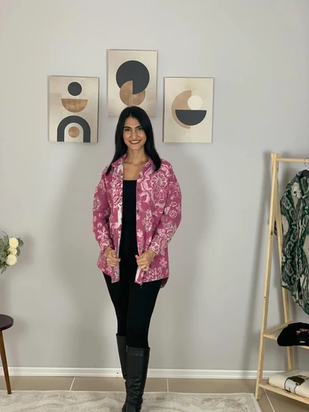 Kadın Tek Cepli Desenli Kalın Oduncu Ceket Gömlek (Pembe) - Resim 3