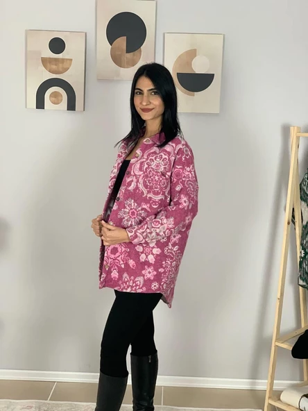 Kadın Tek Cepli Desenli Kalın Oduncu Ceket Gömlek (Pembe) - Resim 4