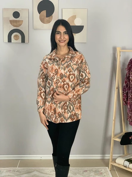 Kadın Tek Cepli Desenli Kalın Oduncu Ceket Gömlek (Turuncu) - Resim 5