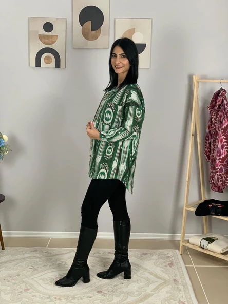 Kadın Tek Cepli Desenli Kalın Oduncu Ceket Gömlek (Yeşil) - 4