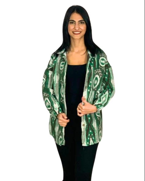 Kadın Tek Cepli Desenli Kalın Oduncu Ceket Gömlek (Yeşil)