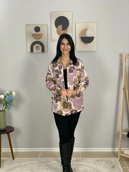 Kadın Tek Cepli Desenli Kalın Oduncu Ceket Gömlek (Pembe) - Resim 2