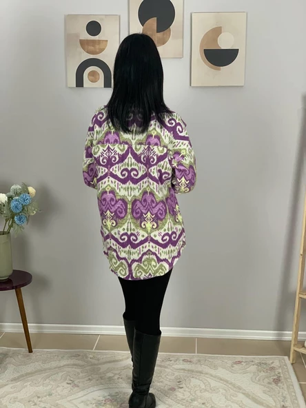 Kadın Tek Cepli Desenli Kalın Oduncu Ceket Gömlek (Mor) - Resim 6
