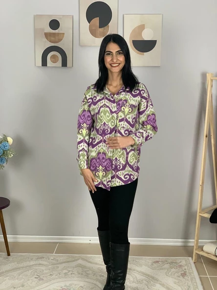 Kadın Tek Cepli Desenli Kalın Oduncu Ceket Gömlek (Mor) - Resim 5