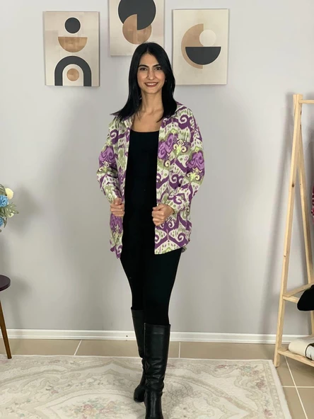 Kadın Tek Cepli Desenli Kalın Oduncu Ceket Gömlek (Mor) - Resim 3