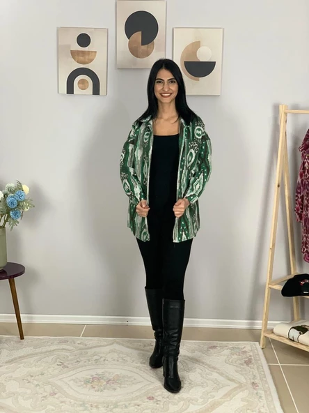 Kadın Tek Cepli Desenli Kalın Oduncu Ceket Gömlek (Yeşil) - 3