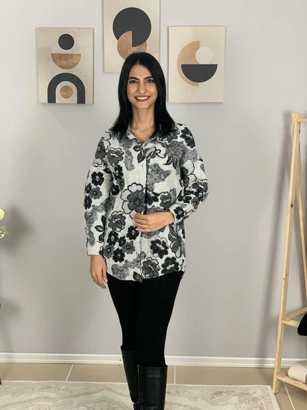 Kadın Tek Cepli Desenli Kalın Oduncu Ceket Gömlek (Siyah) - 3