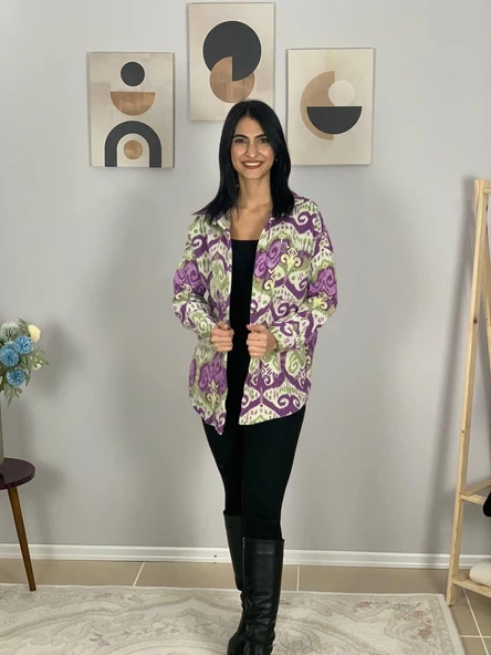 Kadın Tek Cepli Desenli Kalın Oduncu Ceket Gömlek (Mor) - Resim 2