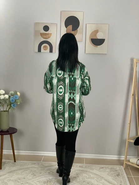 Kadın Tek Cepli Desenli Kalın Oduncu Ceket Gömlek (Yeşil) - 6