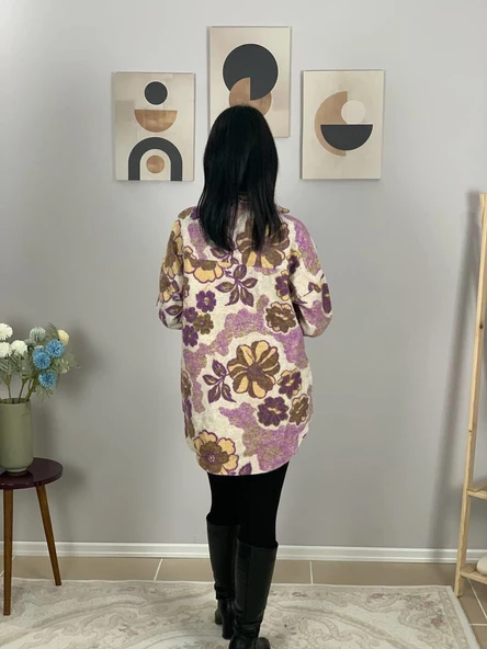 Kadın Tek Cepli Desenli Kalın Oduncu Ceket Gömlek (Pembe) - Resim 6