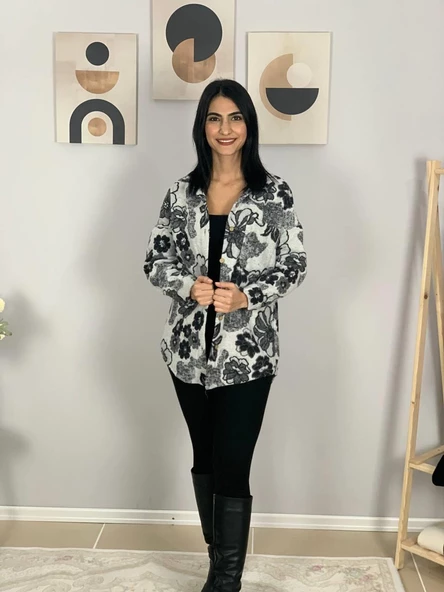 Kadın Tek Cepli Desenli Kalın Oduncu Ceket Gömlek (Siyah) - 2