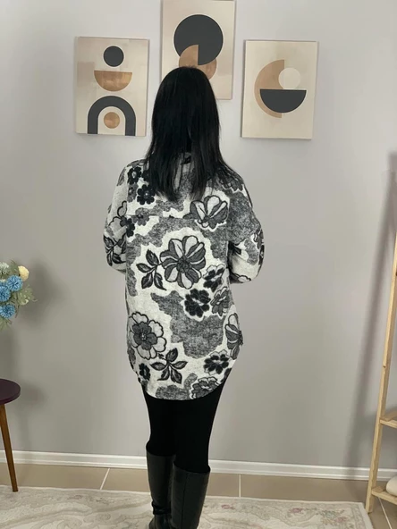 Kadın Tek Cepli Desenli Kalın Oduncu Ceket Gömlek (Siyah) - 6