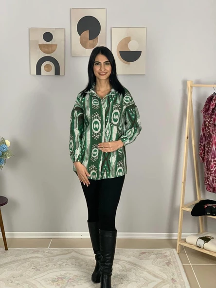 Kadın Tek Cepli Desenli Kalın Oduncu Ceket Gömlek (Yeşil) - 5