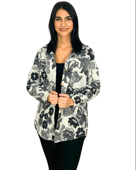 Kadın Tek Cepli Desenli Kalın Oduncu Ceket Gömlek (Siyah)
