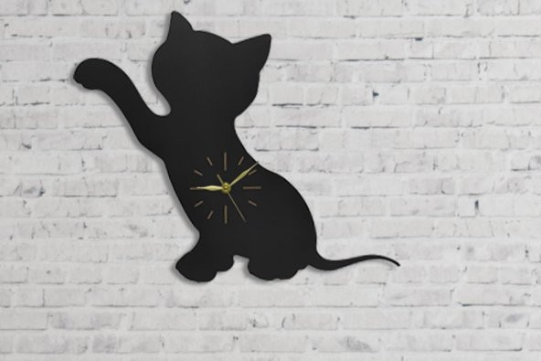 Mobitell Patili Kedi Ahşap Duvar Saati Cat Wall Clock
