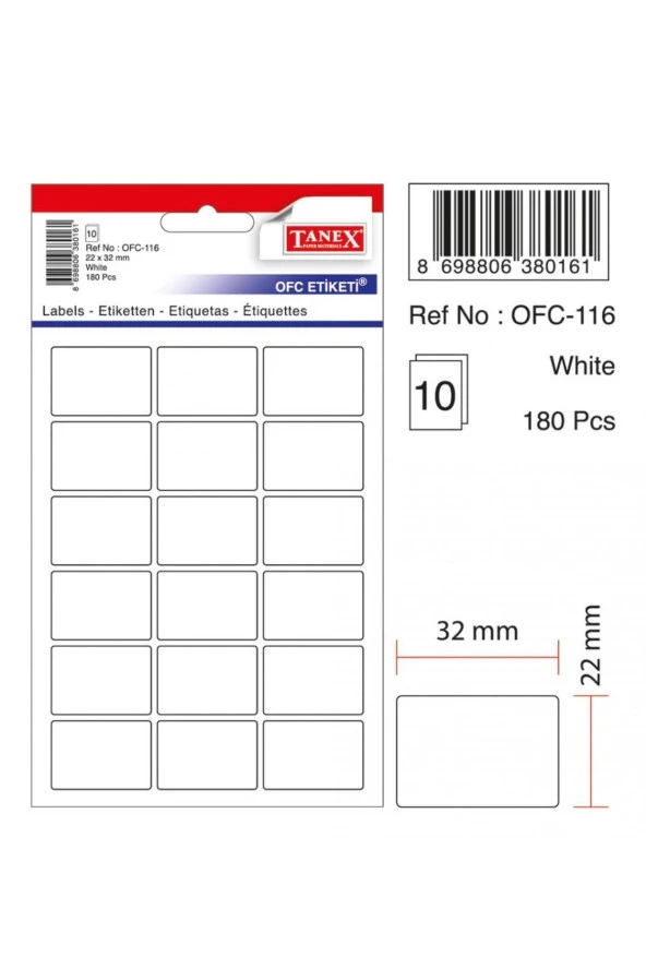 Tanex Etiket Ofc-116-22 X 32 Mm 180 Adet - Beyaz