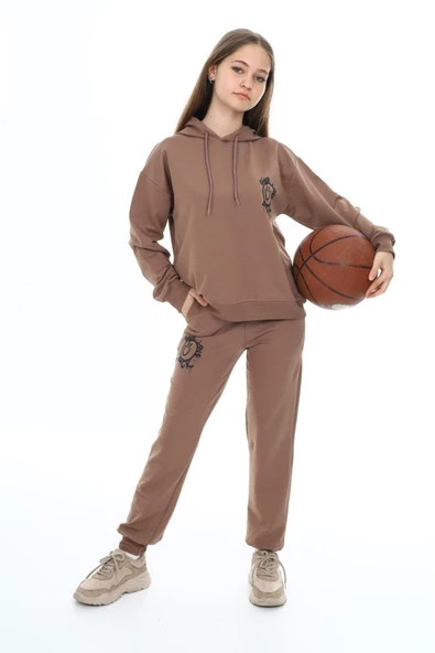 Kız Çocuk Arkası Baskılı Kapüşonlu 2 İplik Eşofman Takım Px 5051 - 2