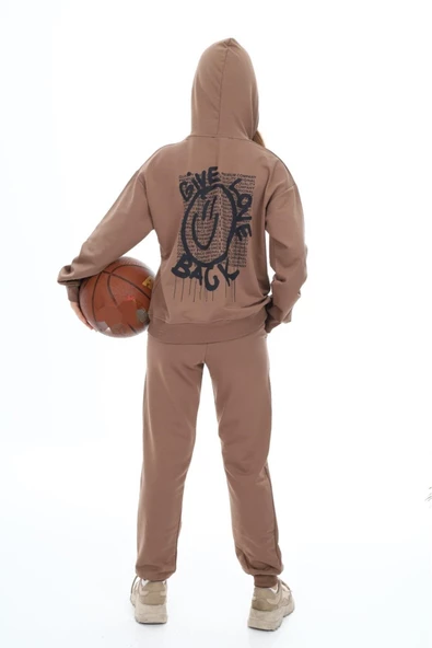 Kız Çocuk Arkası Baskılı Kapüşonlu 2 İplik Eşofman Takım Px 5051 - 6