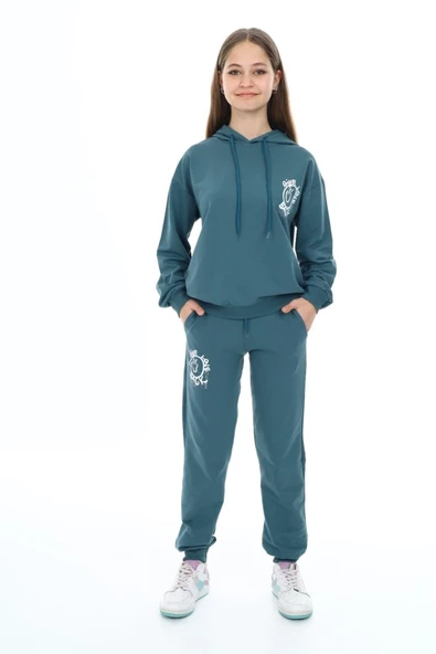 Kız Çocuk Arkası Baskılı Kapüşonlu 2 İplik Eşofman Takım Px 5051 - 12