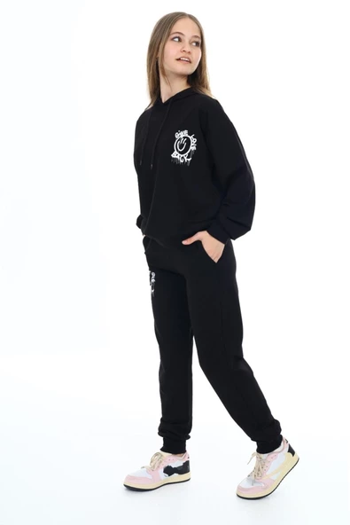 Kız Çocuk Arkası Baskılı Kapüşonlu 2 İplik Eşofman Takım Px 5051 - 4